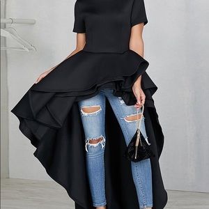 Flounce Dip Hem Irregular Casual Dress - Black